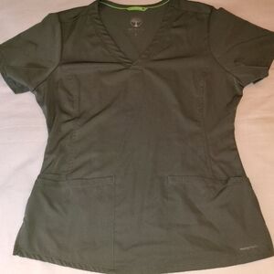 Healing Hands Dark Olive V-Neck Short Sleeve Scrub Top Medium EUC